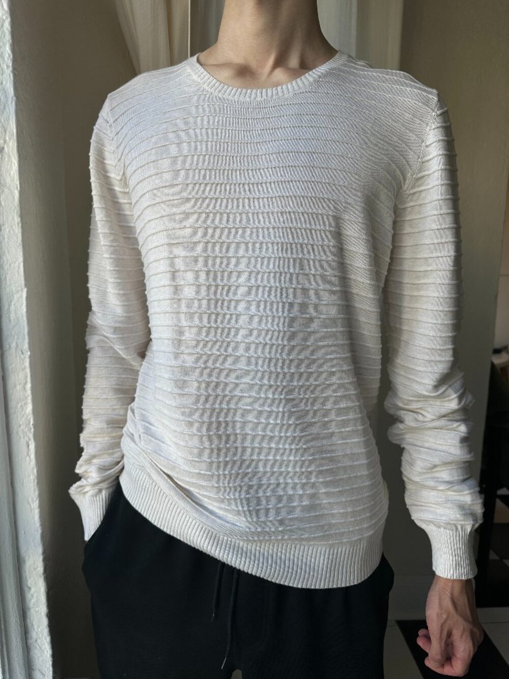Castro Unisex White 100% Cotton Textured Rib Knit Crewneck Sweater M NWT